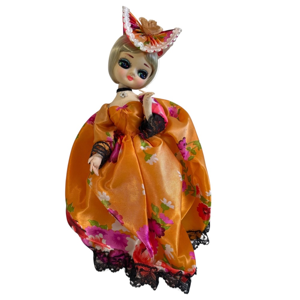 Vintage Bradley Style Big Eye Pose Doll Orange Floral Satin Gown 1960s Kitsch
